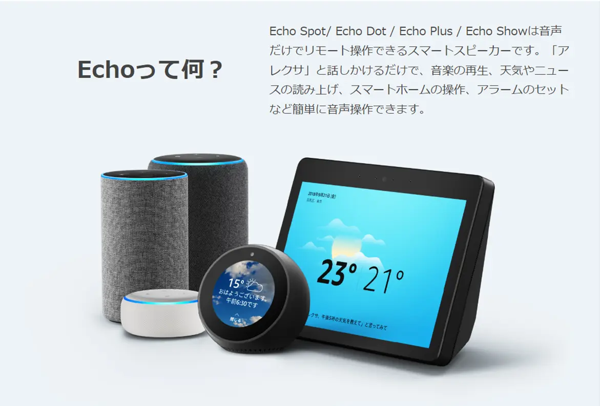 Amazon Echoは音声だけでリモート操作できるスマートスピーカーです。「アレクサ」と話しかけるだけで、音楽の再生、天気やニュースの読み上げ、スマートホームの操作、アラームのセットなど簡単に音声操作できます。